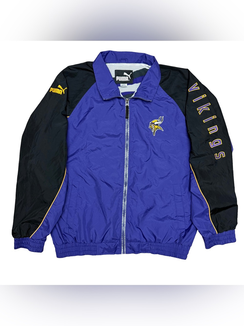 Vintage 90s Puma Minnesota Vikings NFL Windbreaker Jacket Purple Black Large